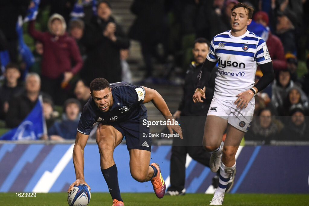 15 December 2018; Adam Byrne of Leinster scores his side's fourth try during the Heineken Champions Cup Pool 1 Round 4 match between Leinster and Bath at the Aviva Stadium in Dublin. Photo by David Fitzgerald/Sportsfile