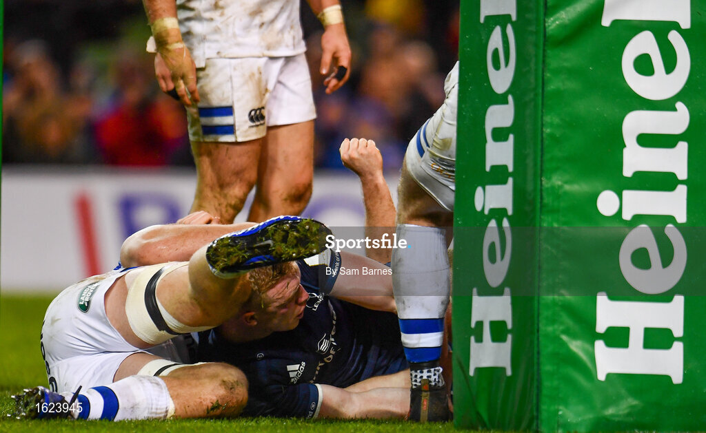 15 December 2018; Dan Leavy of Leinster goes over to score his side's fifth try during the Heineken Champions Cup Pool 1 Round 4 match between Leinster and Bath at the Aviva Stadium in Dublin. Photo by Sam Barnes/Sportsfile