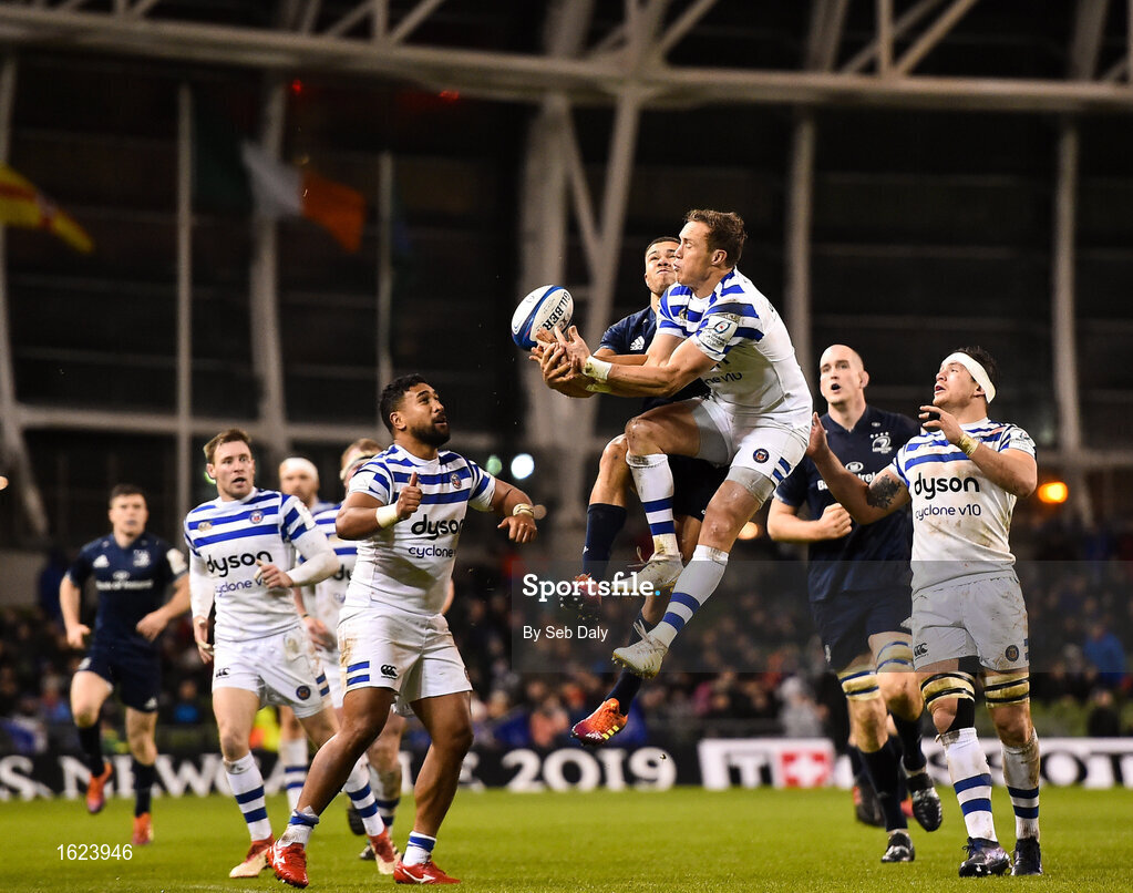 15 December 2018; Adam Byrne of Leinster in action against James Wilson of Bath during the Heineken Champions Cup Pool 1 Round 4 match between Leinster and Bath at the Aviva Stadium in Dublin. Photo by Seb Daly/Sportsfile