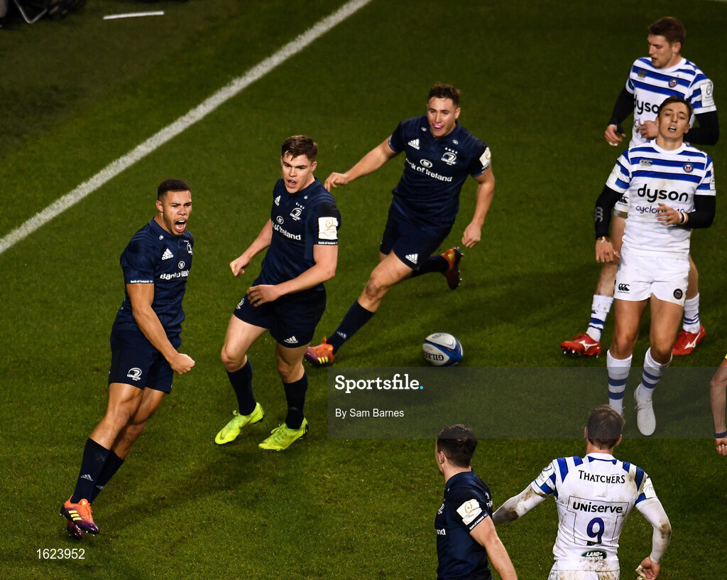15 December 2018; Adam Byrne of Leinster celebrates after scoring his side's fourth try with team-mates Garry Ringrose and Jordan Larmour of Leinster during the Heineken Champions Cup Pool 1 Round 4 match between Leinster and Bath at the Aviva Stadium in Dublin. Photo by Sam Barnes/Sportsfile