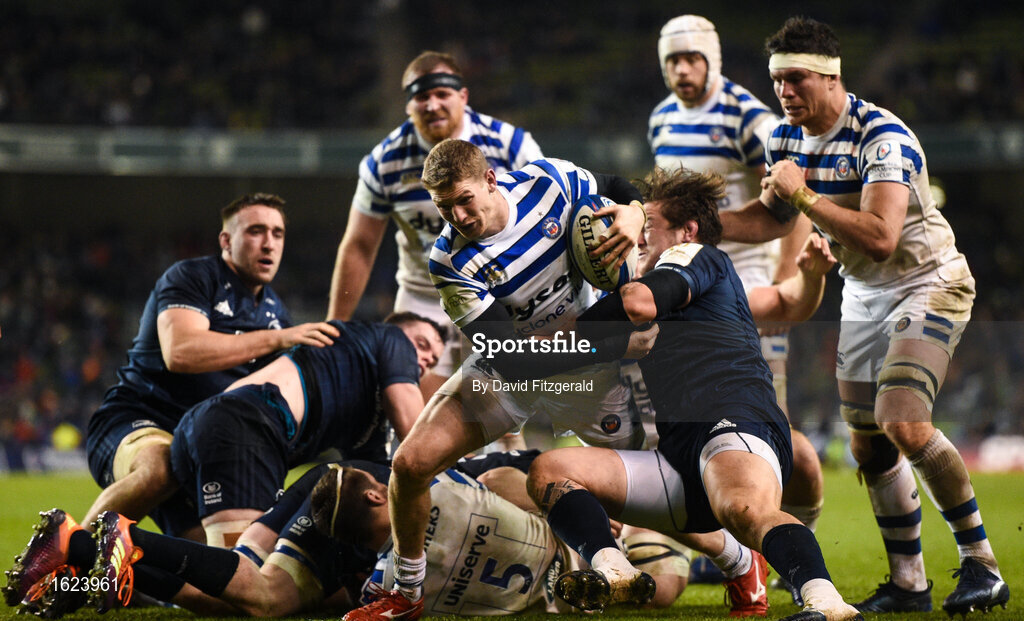 15 December 2018; Ruaridh McConnochie of Bath is tackled by Andrew Porter of Leinster during the Heineken Champions Cup Pool 1 Round 4 match between Leinster and Bath at the Aviva Stadium in Dublin. Photo by David Fitzgerald/Sportsfile