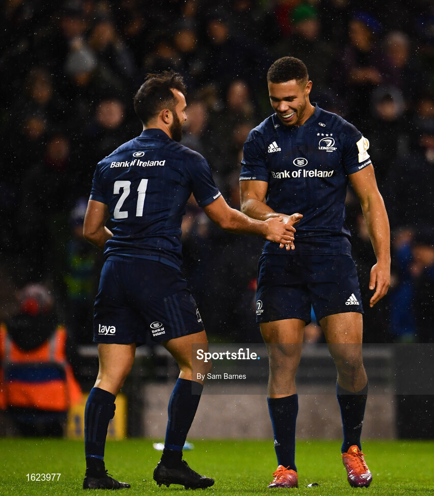 15 December 2018; Jamison Gibson-Park of Leinster, left, celebrates after scoring his side's sixth try with Adam Byrne during the Heineken Champions Cup Pool 1 Round 4 match between Leinster and Bath at the Aviva Stadium in Dublin. Photo by Sam Barnes/Sportsfile