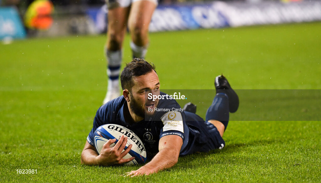 15 December 2018; Jamison Gibson-Park of Leinster dives over to score his side's sixth try during the Heineken Champions Cup Pool 1 Round 4 match between Leinster and Bath at the Aviva Stadium in Dublin. Photo by Ramsey Cardy/Sportsfile
