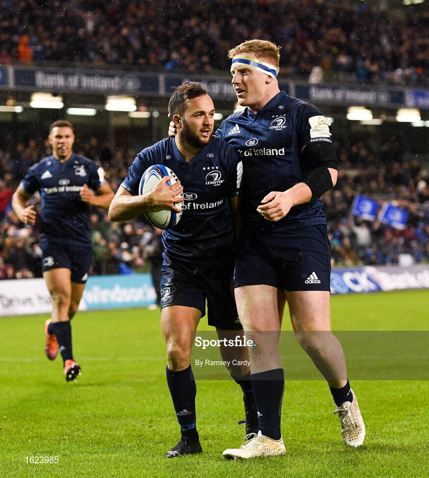 15 December 2018; Jamison Gibson-Park of Leinster celebrates with team-mate James Tracy, right, after scoring his side's sixth try during the Heineken Champions Cup Pool 1 Round 4 match between Leinster and Bath at the Aviva Stadium in Dublin. Photo by Ramsey Cardy/Sportsfile