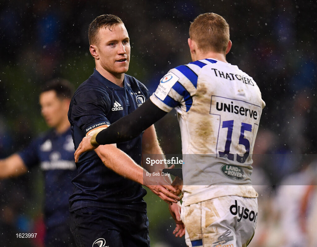 15 December 2018; Rory O’Loughlin of Leinster and Ruaridh McConnochie of Bath shake hands following the Heineken Champions Cup Pool 1 Round 4 match between Leinster and Bath at the Aviva Stadium in Dublin. Photo by Seb Daly/Sportsfile