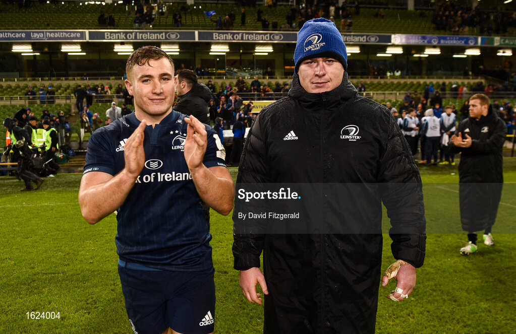 15 December 2018; Jordan Larmour, left, and Tadhg Furlong of Leinster following the Heineken Champions Cup Pool 1 Round 4 match between Leinster and Bath at the Aviva Stadium in Dublin. Photo by David Fitzgerald/Sportsfile