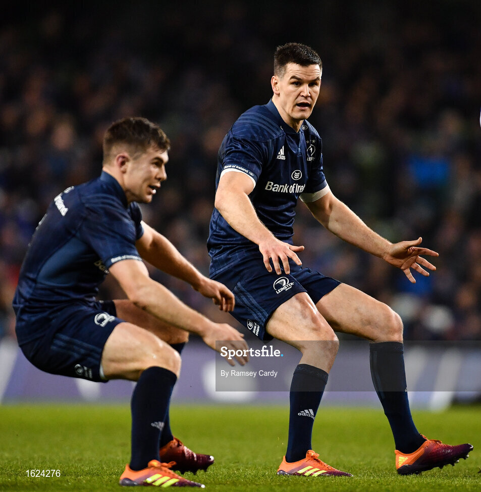 15 December 2018; Jonathan Sexton, right, and Luke McGrath of Leinster during the Heineken Champions Cup Pool 1 Round 4 match between Leinster and Bath at the Aviva Stadium in Dublin. Photo by Ramsey Cardy/Sportsfile