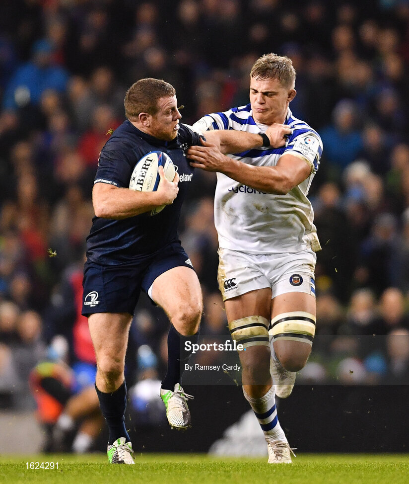 15 December 2018; Seán Cronin of Leinster is tackled by Tom Ellis of Bath during the Heineken Champions Cup Pool 1 Round 4 match between Leinster and Bath at the Aviva Stadium in Dublin. Photo by Ramsey Cardy/Sportsfile