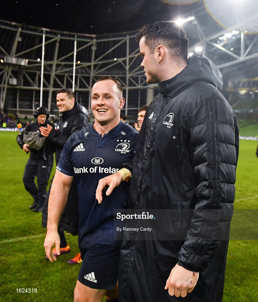 15 December 2018; Ed Byrne, left, and James Ryan of Leinster following the Heineken Champions Cup Pool 1 Round 4 match between Leinster and Bath at the Aviva Stadium in Dublin. Photo by Ramsey Cardy/Sportsfile