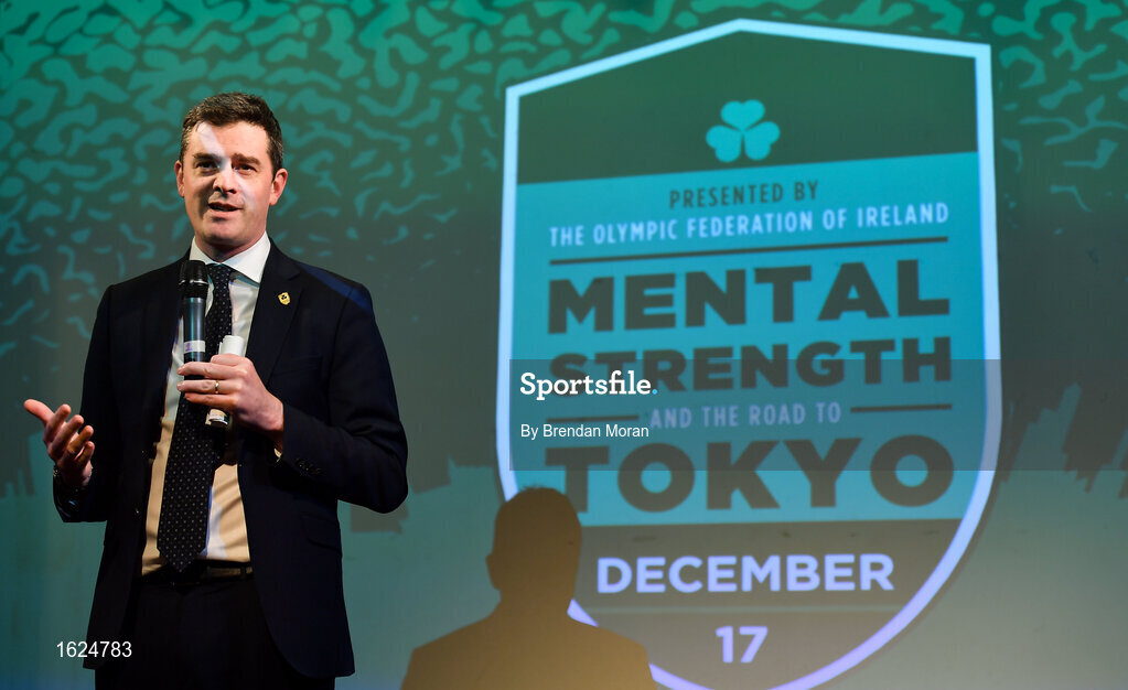 17 December 2018; ’Mental Strength and the Road to Tokyo’ is the first in a series of events hosted by Team Ireland’s Athletes’ Commission in the lead up to Tokyo 2020, focusing on mental fortitude during the qualification process of an Olympic cycle. The event was designed to prepare aspiring Olympians for their Olympic journey drawing on the experience of the Irish Olympic family. The event was attended by a wide spectrum of people across 20 sports, from junior athletes to seasoned Olympians. Speaking at the event is Olympic Federation of Ireland CEO Peter Sherrard at The Sugar Club in Dublin. Photo by Brendan Moran/Sportsfile