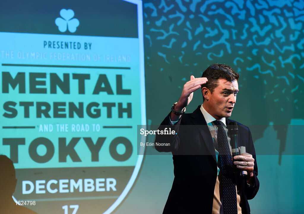 17 December 2018; ’Mental Strength and the Road to Tokyo’ is the first in a series of events hosted by Team Ireland’s Athletes’ Commission in the lead up to Tokyo 2020, focusing on mental fortitude during the qualification process of an Olympic cycle. The event was designed to prepare aspiring Olympians for their Olympic journey drawing on the experience of the Irish Olympic family. The event was attended by a wide spectrum of people across 20 sports, from junior athletes to seasoned Olympians. Speaking at the event is Olympic Federation of Ireland CEO Peter Sherrard at The Sugar Club in Dublin. Photo by Eóin Noonan/Sportsfile