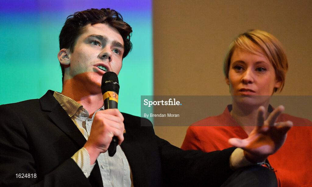 17 December 2018; ’Mental Strength and the Road to Tokyo’ is the first in a series of events hosted by Team Ireland’s Athletes’ Commission in the lead up to Tokyo 2020, focusing on mental fortitude during the qualification process of an Olympic cycle. The event was designed to prepare aspiring Olympians for their Olympic journey drawing on the experience of the Irish Olympic family. The event was attended by a wide spectrum of people across 20 sports, from junior athletes to seasoned Olympians. Speaking at the event is Irish Olympian Seamus O'Connor at The Sugar Club in Dublin. Photo by Brendan Moran/Sportsfile