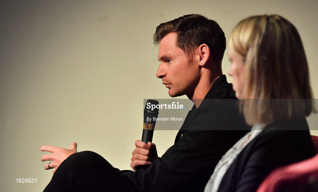 17 December 2018; ’Mental Strength and the Road to Tokyo’ is the first in a series of events hosted by Team Ireland’s Athletes’ Commission in the lead up to Tokyo 2020, focusing on mental fortitude during the qualification process of an Olympic cycle. The event was designed to prepare aspiring Olympians for their Olympic journey drawing on the experience of the Irish Olympic family. The event was attended by a wide spectrum of people across 20 sports, from junior athletes to seasoned Olympians. Speaking at the event is Irish Olympian David Gillick at The Sugar Club in Dublin. Photo by Brendan Moran/Sportsfile