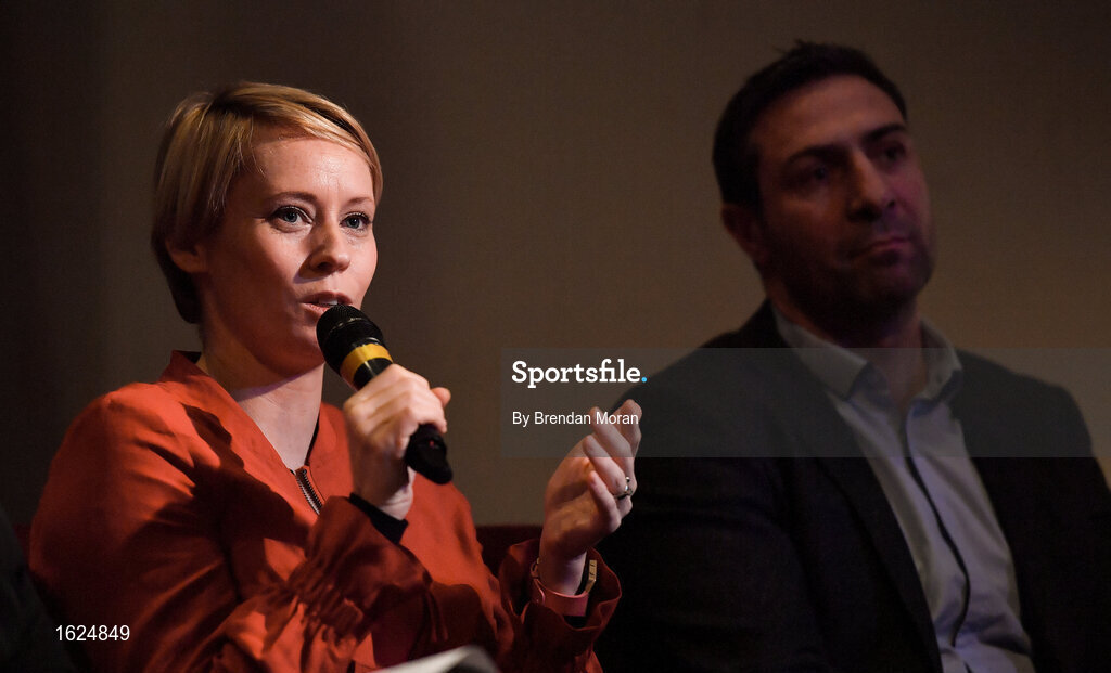 17 December 2018; ’Mental Strength and the Road to Tokyo’ is the first in a series of events hosted by Team Ireland’s Athletes’ Commission in the lead up to Tokyo 2020, focusing on mental fortitude during the qualification process of an Olympic cycle. The event was designed to prepare aspiring Olympians for their Olympic journey drawing on the experience of the Irish Olympic family. The event was attended by a wide spectrum of people across 20 sports, from junior athletes to seasoned Olympians. Speaking at the event is Irish Olympian Derval O'Rourke at The Sugar Club in Dublin. Photo by Brendan Moran/Sportsfile
