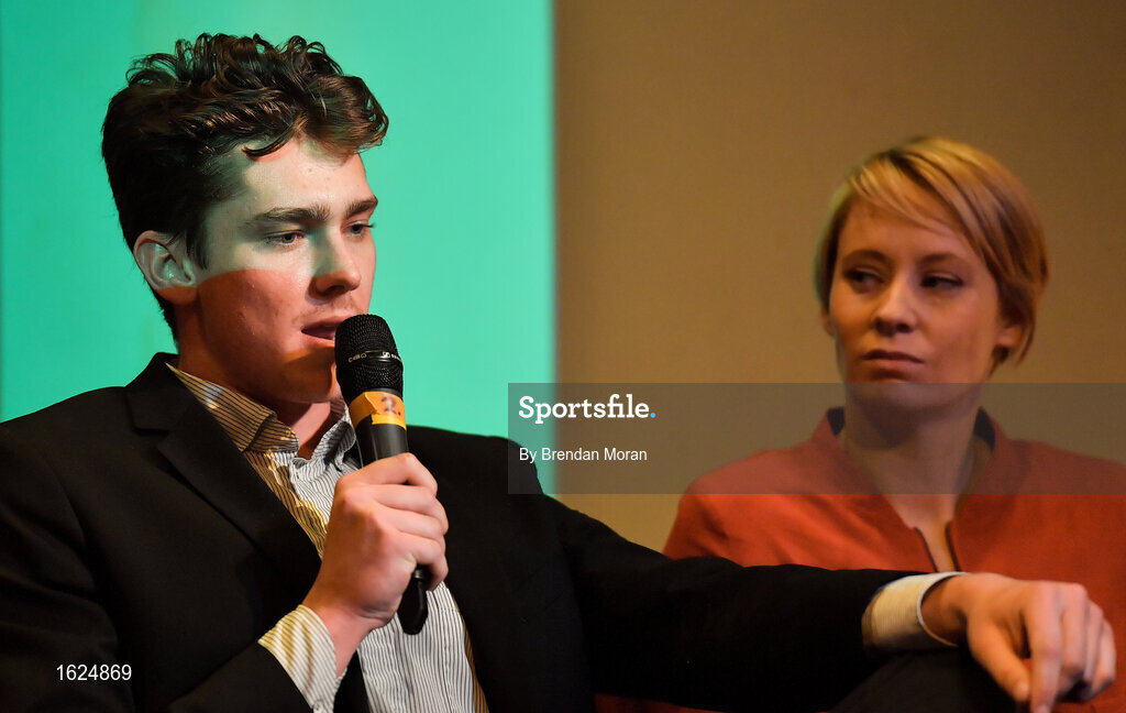 17 December 2018; ’Mental Strength and the Road to Tokyo’ is the first in a series of events hosted by Team Ireland’s Athletes’ Commission in the lead up to Tokyo 2020, focusing on mental fortitude during the qualification process of an Olympic cycle. The event was designed to prepare aspiring Olympians for their Olympic journey drawing on the experience of the Irish Olympic family. The event was attended by a wide spectrum of people across 20 sports, from junior athletes to seasoned Olympians. Speaking at the event is Irish Olympian Seamus O'Connor at The Sugar Club in Dublin. Photo by Brendan Moran/Sportsfile