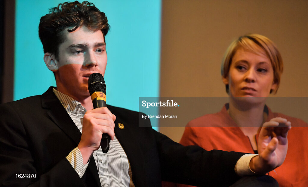 17 December 2018; ’Mental Strength and the Road to Tokyo’ is the first in a series of events hosted by Team Ireland’s Athletes’ Commission in the lead up to Tokyo 2020, focusing on mental fortitude during the qualification process of an Olympic cycle. The event was designed to prepare aspiring Olympians for their Olympic journey drawing on the experience of the Irish Olympic family. The event was attended by a wide spectrum of people across 20 sports, from junior athletes to seasoned Olympians. Speaking at the event is Irish Olympian Seamus O'Connor at The Sugar Club in Dublin. Photo by Brendan Moran/Sportsfile