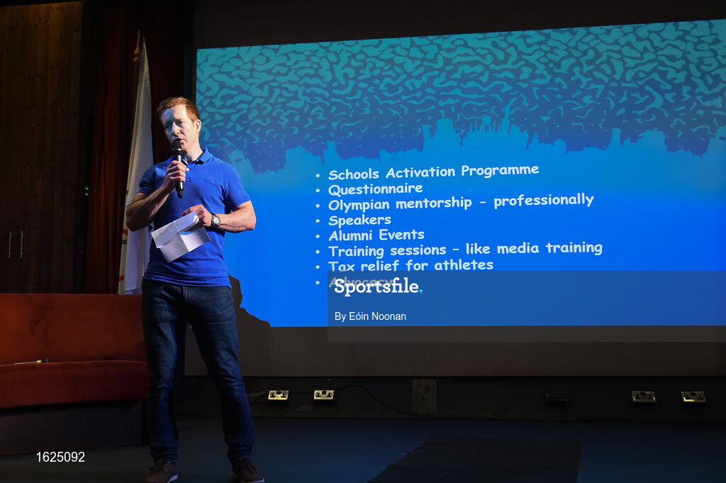 17 December 2018; ’Mental Strength and the Road to Tokyo’ is the first in a series of events hosted by Team Ireland’s Athletes’ Commission in the lead up to Tokyo 2020, focusing on mental fortitude during the qualification process of an Olympic cycle. The event was designed to prepare aspiring Olympians for their Olympic journey drawing on the experience of the Irish Olympic family. The event was attended by a wide spectrum of people across 20 sports, from junior athletes to seasoned Olympians. Speaking at the event is Team Ireland Athletes Commission Chairman Shane O'Connor at The Sugar Club in Dublin. Photo by Eóin Noonan/Sportsfile