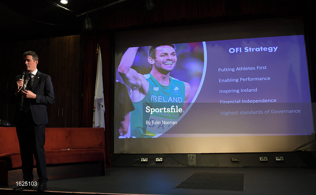 17 December 2018; ’Mental Strength and the Road to Tokyo’ is the first in a series of events hosted by Team Ireland’s Athletes’ Commission in the lead up to Tokyo 2020, focusing on mental fortitude during the qualification process of an Olympic cycle. The event was designed to prepare aspiring Olympians for their Olympic journey drawing on the experience of the Irish Olympic family. The event was attended by a wide spectrum of people across 20 sports, from junior athletes to seasoned Olympians. Speaking at the event is Olympic Federation of Ireland CEO Peter Sherrard at The Sugar Club in Dublin. Photo by Eóin Noonan/Sportsfile