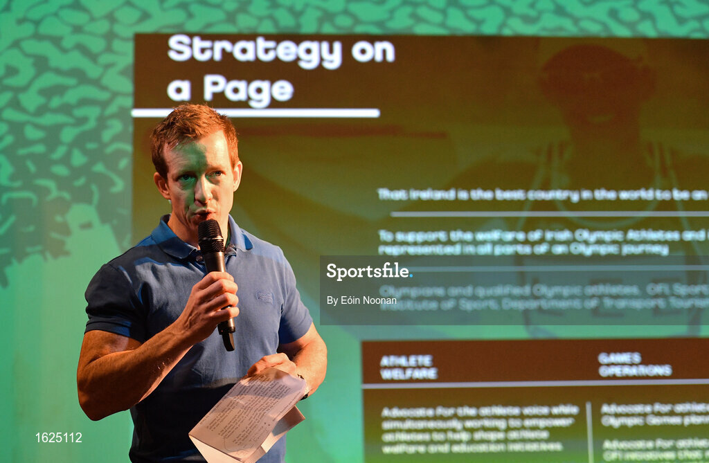 17 December 2018; ’Mental Strength and the Road to Tokyo’ is the first in a series of events hosted by Team Ireland’s Athletes’ Commission in the lead up to Tokyo 2020, focusing on mental fortitude during the qualification process of an Olympic cycle. The event was designed to prepare aspiring Olympians for their Olympic journey drawing on the experience of the Irish Olympic family. The event was attended by a wide spectrum of people across 20 sports, from junior athletes to seasoned Olympians. Speaking at the event is Team Ireland Athletes Commission Chairman Shane O'Connor at The Sugar Club in Dublin. Photo by Eóin Noonan/Sportsfile