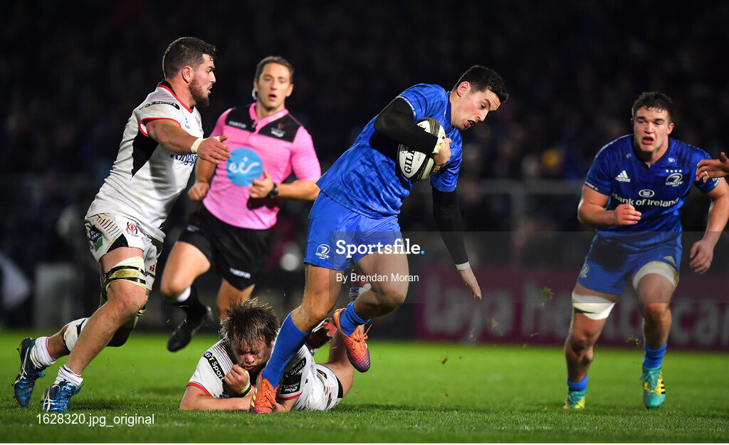 5 January 2019; Noel Reid of Leinster escapes the tackle of Kyle McCall of Ulster during the Guinness PRO14 Round 13 match between Leinster and Ulster at the RDS Arena in Dublin. Photo by Brendan Moran/Sportsfile