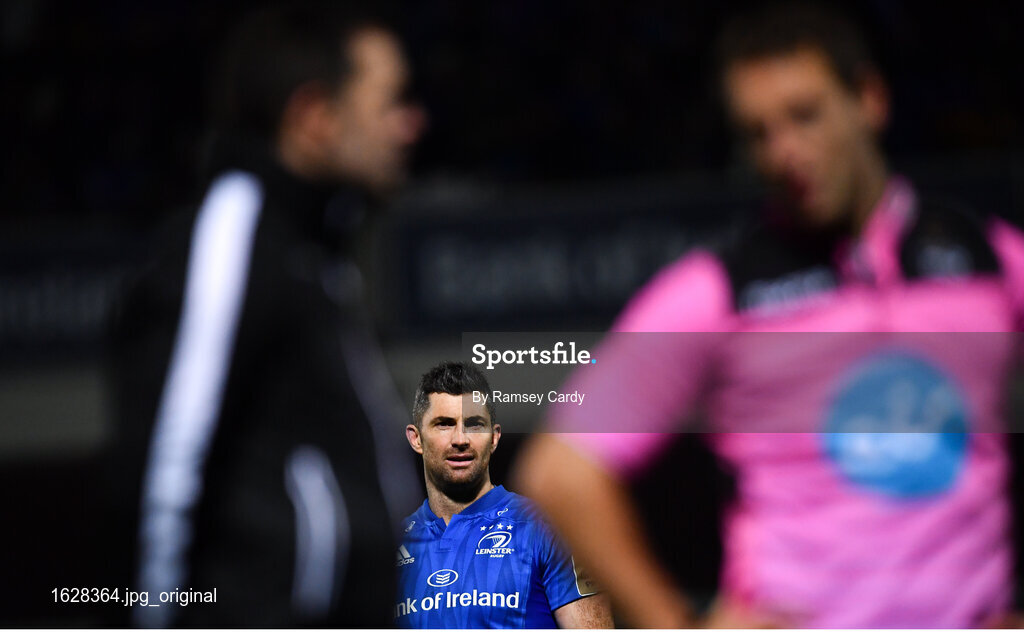 5 January 2019; Leinster captain Rob Kearney watches on as referee Andrew Brace and his assistant Kieran Barry, right, check the big screen for foul play during the Guinness PRO14 Round 13 match between Leinster and Ulster at the RDS Arena in Dublin. Photo by Ramsey Cardy/Sportsfile