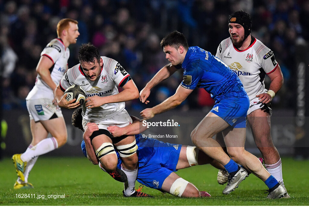 5 January 2019; Greg Jones of Ulster is tackled by /Oisín Dowling and Conor OBrien of Leinster during the Guinness PRO14 Round 13 match between Leinster and Ulster at the RDS Arena in Dublin. Photo by Brendan Moran/Sportsfile