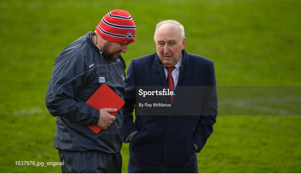27 January 2019; Former Cork County Board Secretary Frank Murphy , right, in conversation with Seannie Barry, the Cork Logistics man after the Allianz Hurling League Division 1A Round 1 match between Kilkenny and Cork at Nowlan Park in Kilkenny. Photo by Ray McManus/Sportsfile