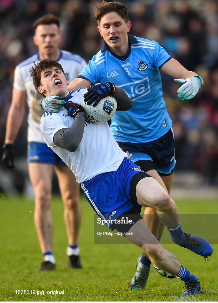 27 January 2019; Stephen O'Hanlon of Monaghan in action against Conor Mullally of Dublin during the Allianz Football League Division 1 Round 1 match between Monaghan and Dublin at St Tiernach's Park in Clones, Monaghan. Photo by Philip Fitzpatrick/Sportsfile