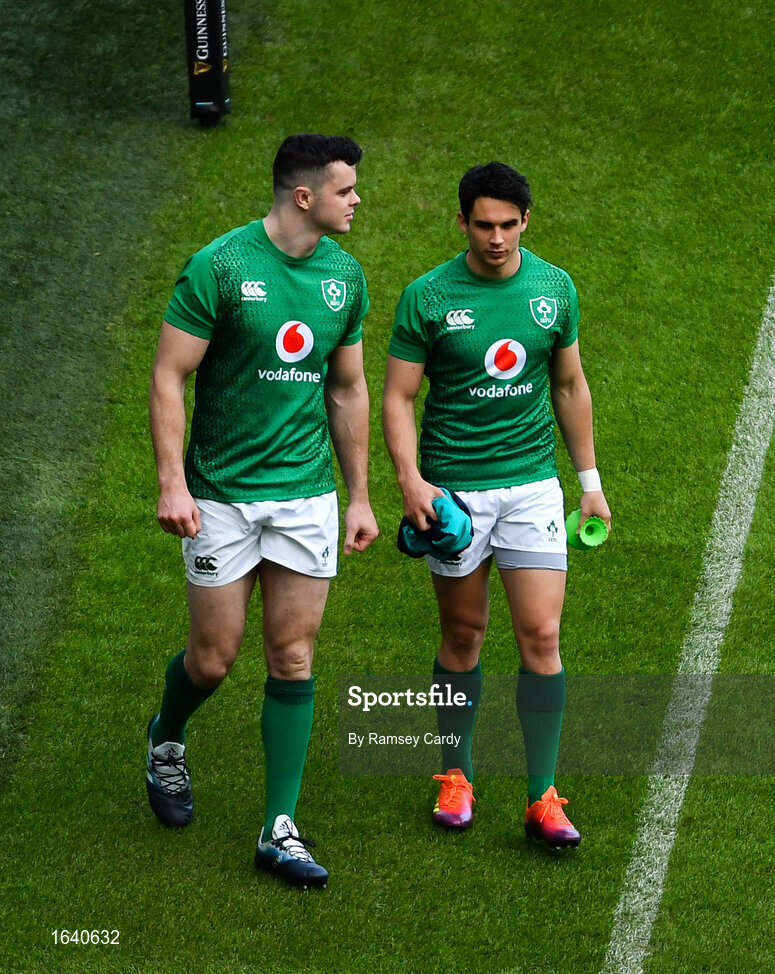 1 February 2019; James Ryan, left, and Joey Carbery during the Ireland Rugby captain's run at the Aviva Stadium in Dublin. Photo by Ramsey Cardy/Sportsfile