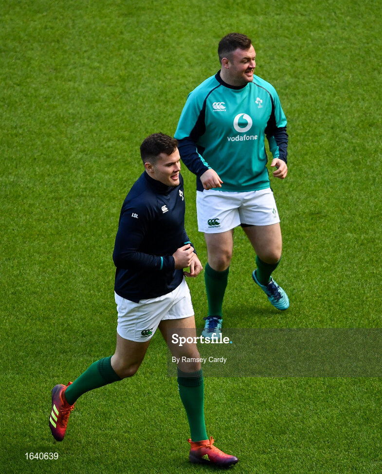 1 February 2019; Jacob Stockdale, left, and Dave Kilcoyne during the Ireland Rugby captain's run at the Aviva Stadium in Dublin. Photo by Ramsey Cardy/Sportsfile