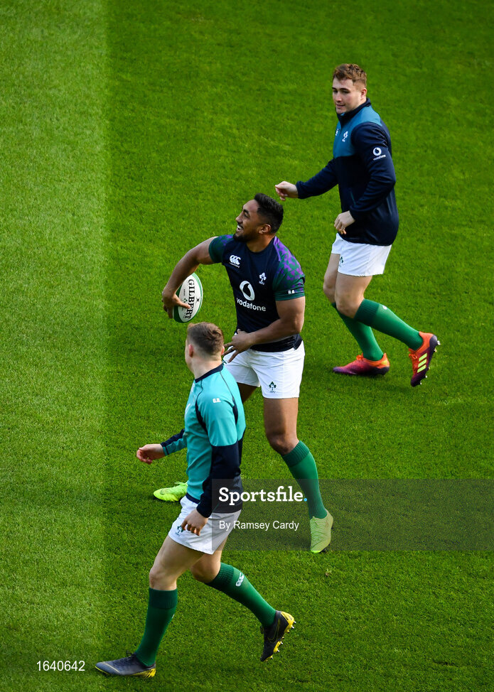 1 February 2019; Bundee Aki with Ireland teammates Garry Ringrose, below, and Jordan Larmour, top, during the Ireland Rugby captain's run at the Aviva Stadium in Dublin. Photo by Ramsey Cardy/Sportsfile