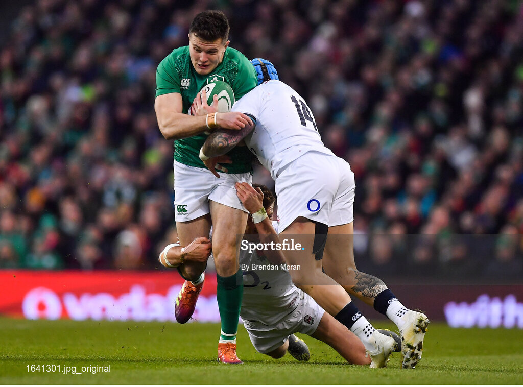 2 February 2019; Jacob Stockdale of Ireland is tackled by Henry Slade, behind, and Jonny May of England during the Guinness Six Nations Rugby Championship match between Ireland and England in the Aviva Stadium in Dublin. Photo by Brendan Moran/Sportsfile