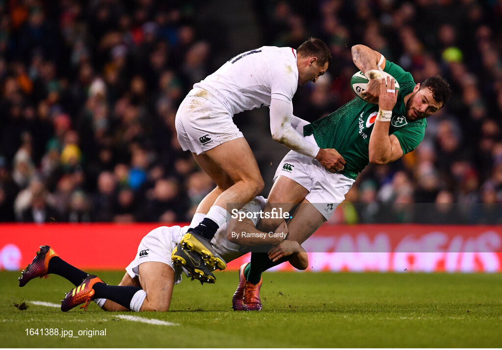 2 February 2019; Robbie Henshaw of Ireland is tackled by Ben Youngs and Jack Nowell of England during the Guinness Six Nations Rugby Championship match between Ireland and England in the Aviva Stadium in Dublin. Photo by Ramsey Cardy/Sportsfile