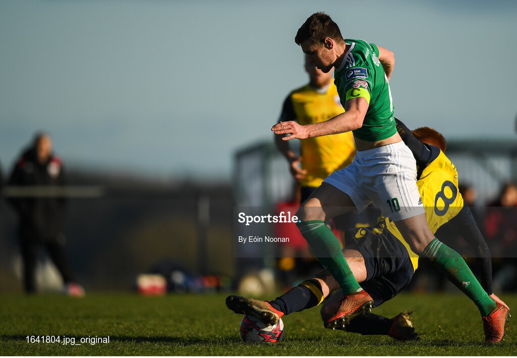 2 February 2019; Gary Buckley of Cork City in action against Aodh Dervin of Longford Town during a Pre-Season Friendly between Cork City and Longford Town in Mayfield United, Mayfield, Cork. Photo by Eóin Noonan/Sportsfile