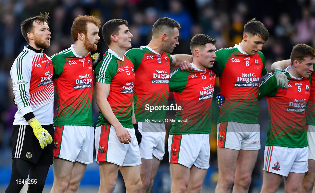9 February 2019; Kilcummin players stand the National Anthem before the AIB GAA Football All-Ireland Intermediate Championship Final match between Kilcummin and Naomh Éanna at Croke Park in Dublin. Photo by Piaras Ó Mídheach/Sportsfile