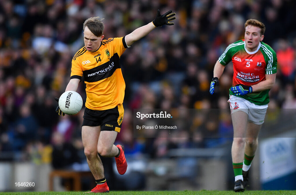 9 February 2019; Odhran Eastwood of Naomh Éanna in action against Philip Casey of Kilcummin during the AIB GAA Football All-Ireland Intermediate Championship Final match between Kilcummin and Naomh Éanna at Croke Park in Dublin. Photo by Piaras Ó Mídheach/Sportsfile