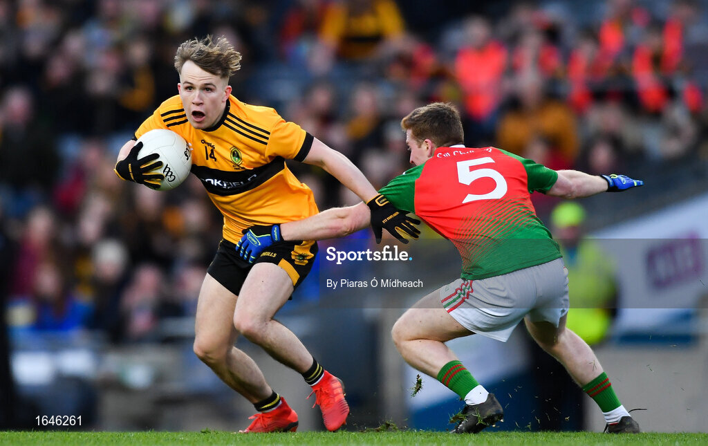 9 February 2019; Odhran Eastwood of Naomh Éanna in action against Philip Casey of Kilcummin during the AIB GAA Football All-Ireland Intermediate Championship Final match between Kilcummin and Naomh Éanna at Croke Park in Dublin. Photo by Piaras Ó Mídheach/Sportsfile