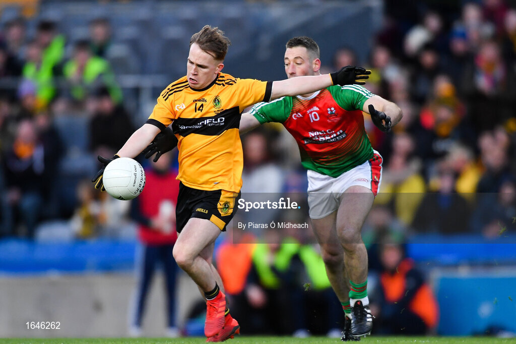9 February 2019; Odhran Eastwood of Naomh Éanna in action against Shane McSweeney of Kilcummin during the AIB GAA Football All-Ireland Intermediate Championship Final match between Kilcummin and Naomh Éanna at Croke Park in Dublin. Photo by Piaras Ó Mídheach/Sportsfile