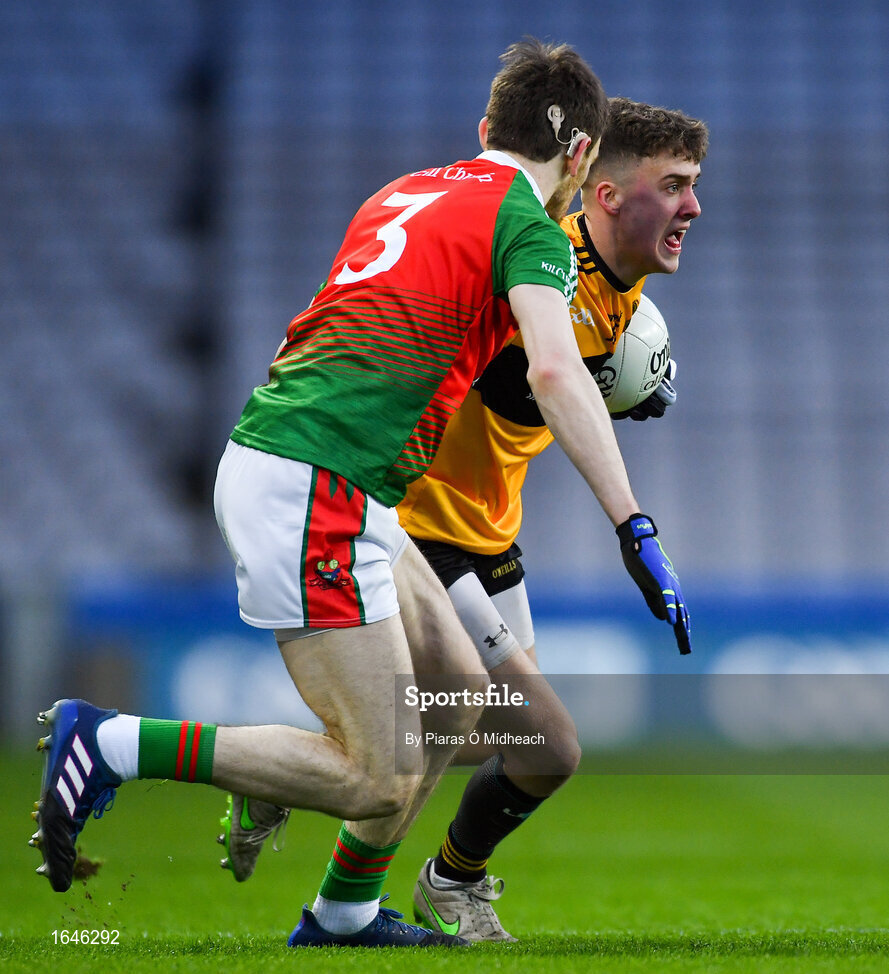 9 February 2019; Eoin Nagle of Naomh Éanna in action against Donal Maher of Kilcummin during the AIB GAA Football All-Ireland Intermediate Championship Final match between Kilcummin and Naomh Éanna at Croke Park in Dublin. Photo by Piaras Ó Mídheach/Sportsfile