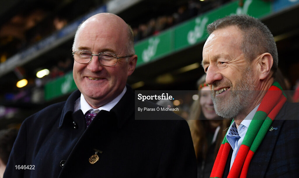9 February 2019; Uachtarán Chumann Lúthchleas Gael John Horan, left, with former Uachtarán Seán Kelly, before Kelly presented the cup to his club-mate Kilcummin captain Brendan Kealy, after the AIB GAA Football All-Ireland Intermediate Championship Final match between Kilcummin and Naomh Éanna at Croke Park in Dublin. Photo by Piaras Ó Mídheach/Sportsfile