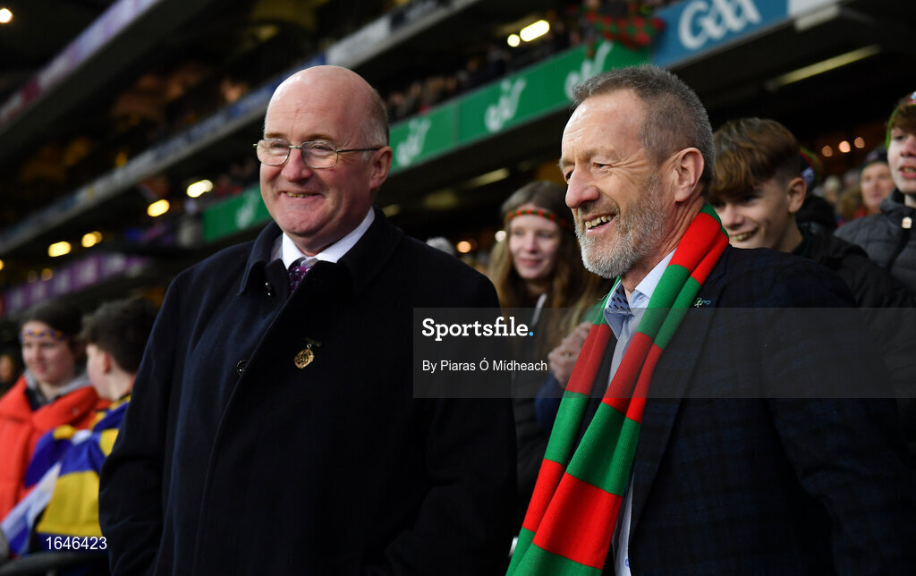 9 February 2019; Uachtarán Chumann Lúthchleas Gael John Horan, left, with former Uachtarán Seán Kelly, before Kelly presented the cup to his club-mate Kilcummin captain Brendan Kealy, after the AIB GAA Football All-Ireland Intermediate Championship Final match between Kilcummin and Naomh Éanna at Croke Park in Dublin. Photo by Piaras Ó Mídheach/Sportsfile