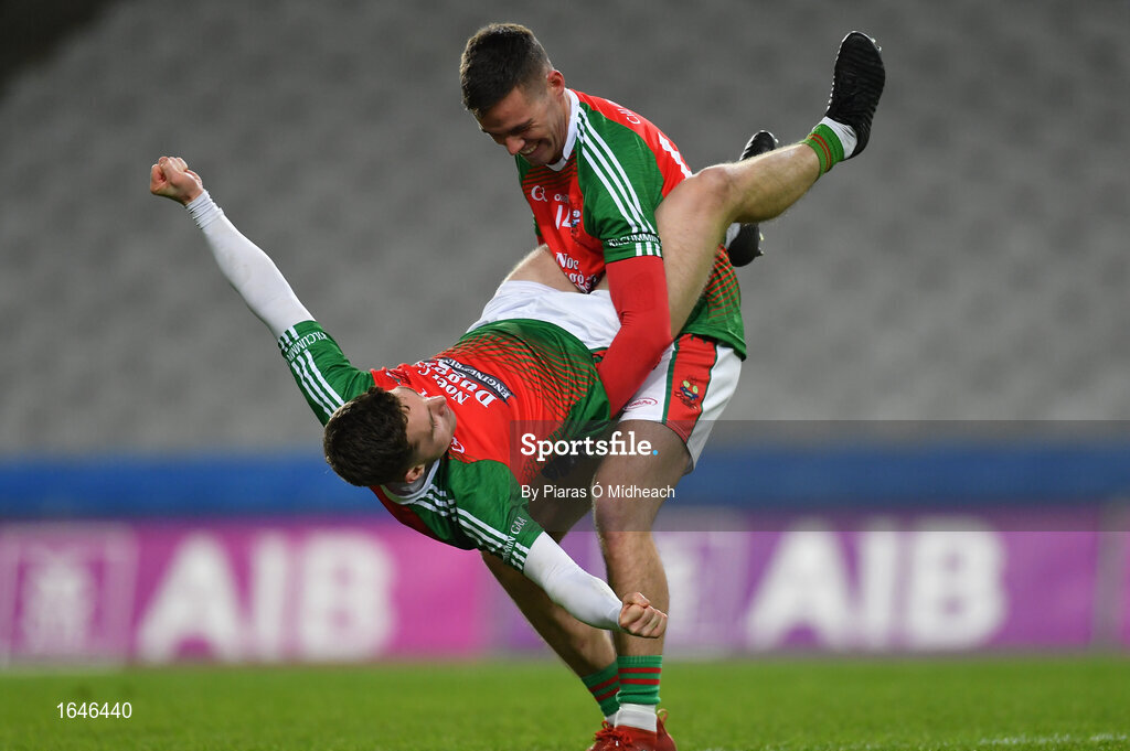 9 February 2019; Ian Devane of Kilcummin holds team-mate Noel Duggan aloft in celebrations after the AIB GAA Football All-Ireland Intermediate Championship Final match between Kilcummin and Naomh Éanna at Croke Park in Dublin. Photo by Piaras Ó Mídheach/Sportsfile