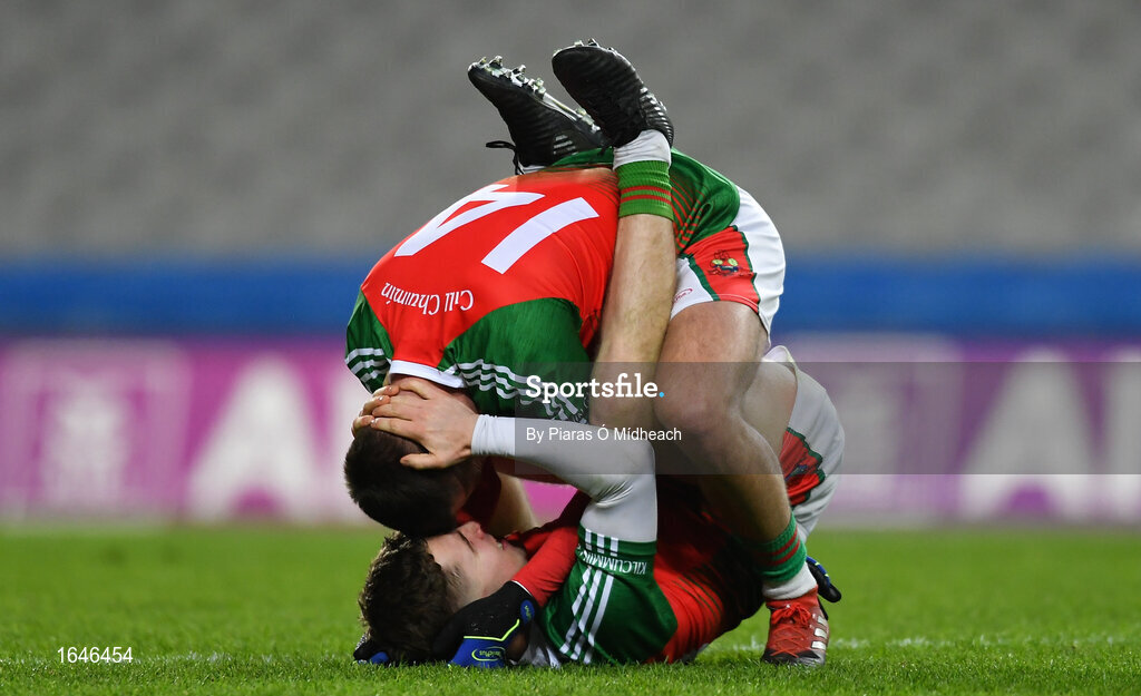 9 February 2019; Kilcummin players Ian Devane and Noel Duggan, below, celebrate after the AIB GAA Football All-Ireland Intermediate Championship Final match between Kilcummin and Naomh Éanna at Croke Park in Dublin. Photo by Piaras Ó Mídheach/Sportsfile