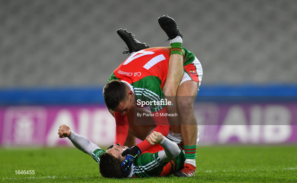 9 February 2019; Kilcummin players Ian Devane and Noel Duggan, below, celebrate after the AIB GAA Football All-Ireland Intermediate Championship Final match between Kilcummin and Naomh Éanna at Croke Park in Dublin. Photo by Piaras Ó Mídheach/Sportsfile
