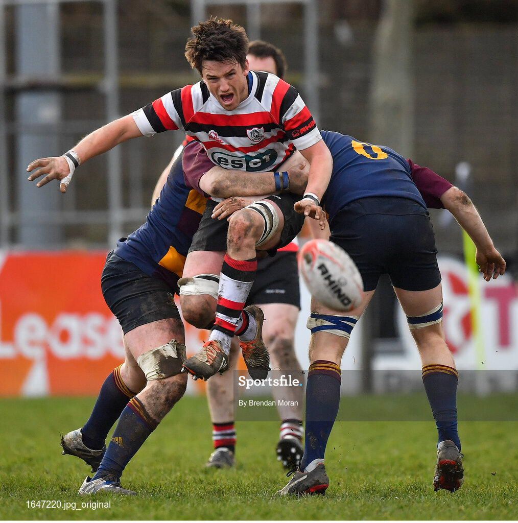 10 February 2019; Brian Bolger of Ennicorthy is tackled by Conn Alan Marrey, left, and Barry Murphy of Skerries during the Bank of Ireland Provincial Towns Cup Round 2 match between Skerries RFC and Enniscorthy RFC at Skerries RFC in Skerries, Dublin. Photo by Brendan Moran/Sportsfile