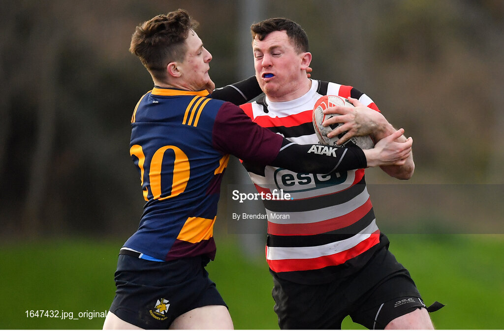 10 February 2019; Daniel Pim of Ennicorthy is tackled by Lorcan Jones of Skerries during the Bank of Ireland Provincial Towns Cup Round 2 match between Skerries RFC and Enniscorthy RFC at Skerries RFC in Skerries, Dublin. Photo by Brendan Moran/Sportsfile
