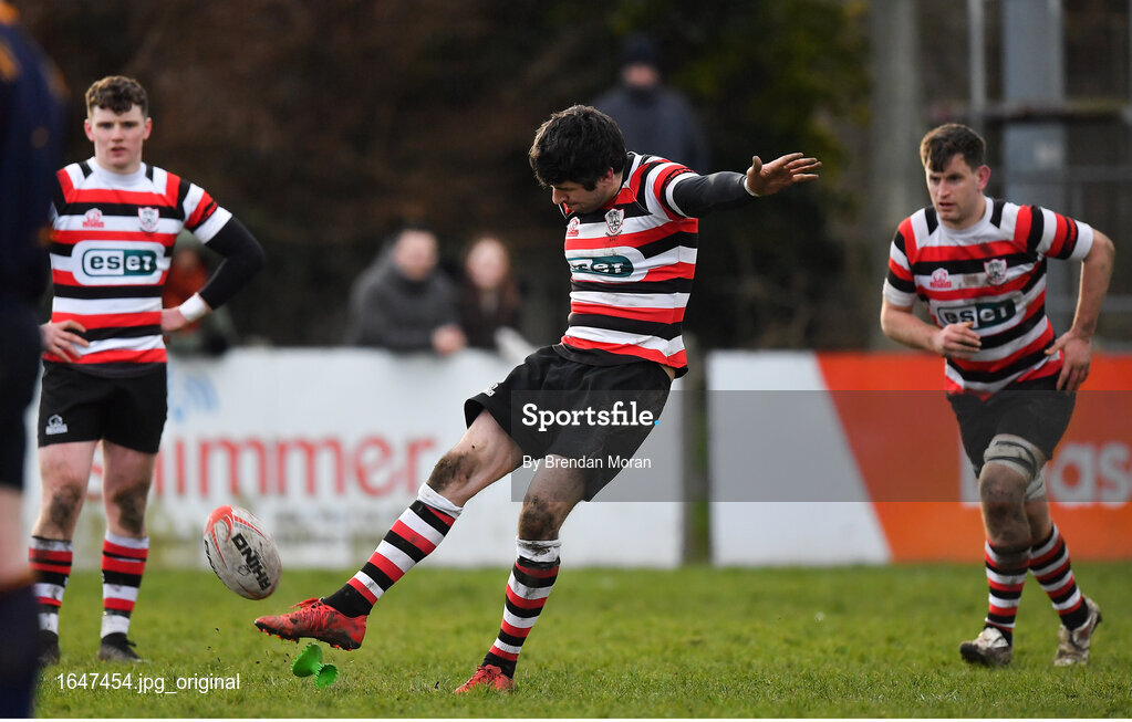 10 February 2019; Ivan Poole of Ennicorthy kicks a penalty during the Bank of Ireland Provincial Towns Cup Round 2 match between Skerries RFC and Enniscorthy RFC at Skerries RFC in Skerries, Dublin. Photo by Brendan Moran/Sportsfile