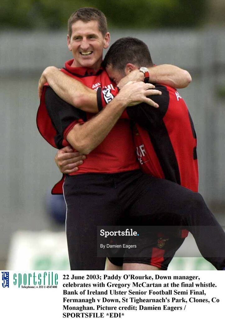 22 June 2003; Paddy O'Rourke, Down manager, celebrates with Gregory McCartan at the final whistle. Bank of Ireland Ulster Senior Football Semi Final, Fermanagh v Down, St Tighearnach's Park, Clones, Co Monaghan. Picture credit; Damien Eagers / SPORTSFILE *EDI*