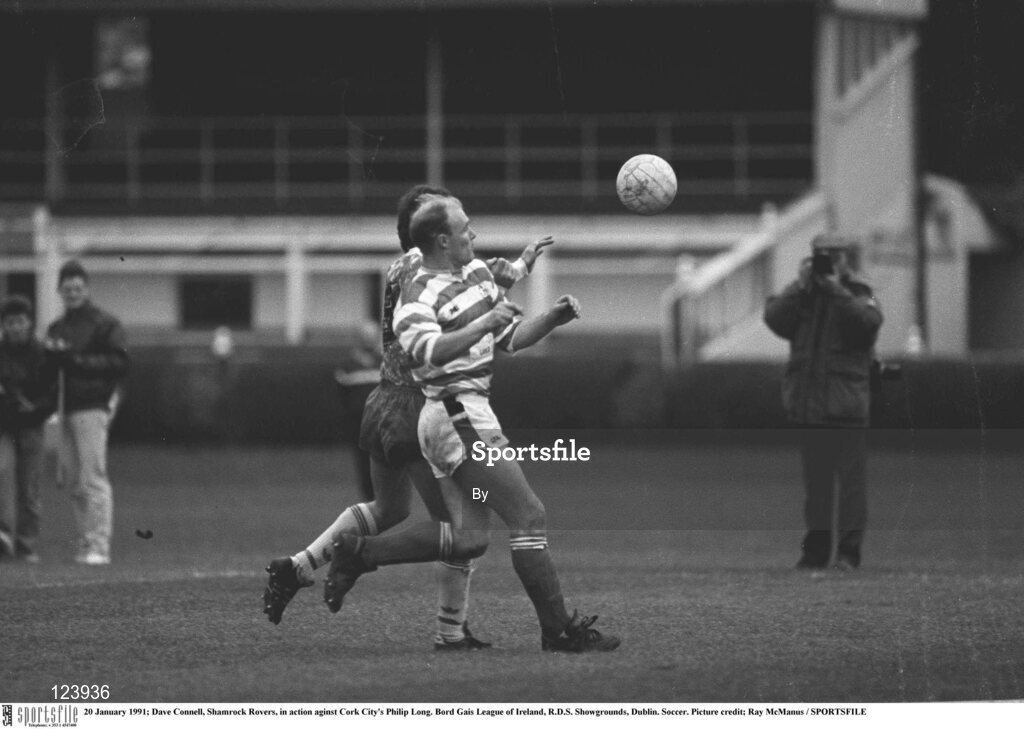 20 January 1991; Dave Connell, Shamrock Rovers, in action against Cork City's Philip Long. Bord Gais League of Ireland, R.D.S. Showgrounds, Dublin. Soccer. Picture credit; Ray McManus / SPORTSFILE