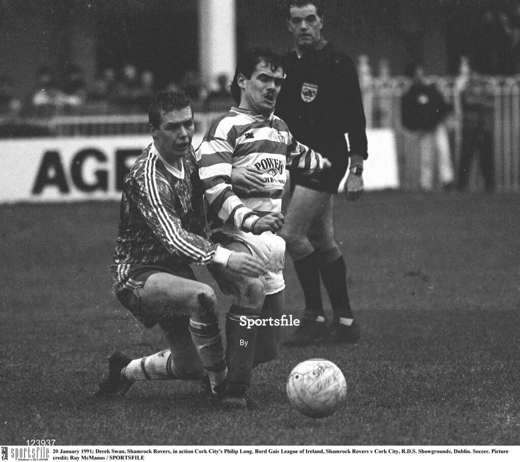 20 January 1991; Derek Swan, Shamrock Rovers, in action Cork City's Philip Long. Bord Gais League of Ireland, Shamrock Rovers v Cork City, R.D.S. Showgrounds, Dublin. Soccer. Picture credit; Ray McManus / SPORTSFILE
